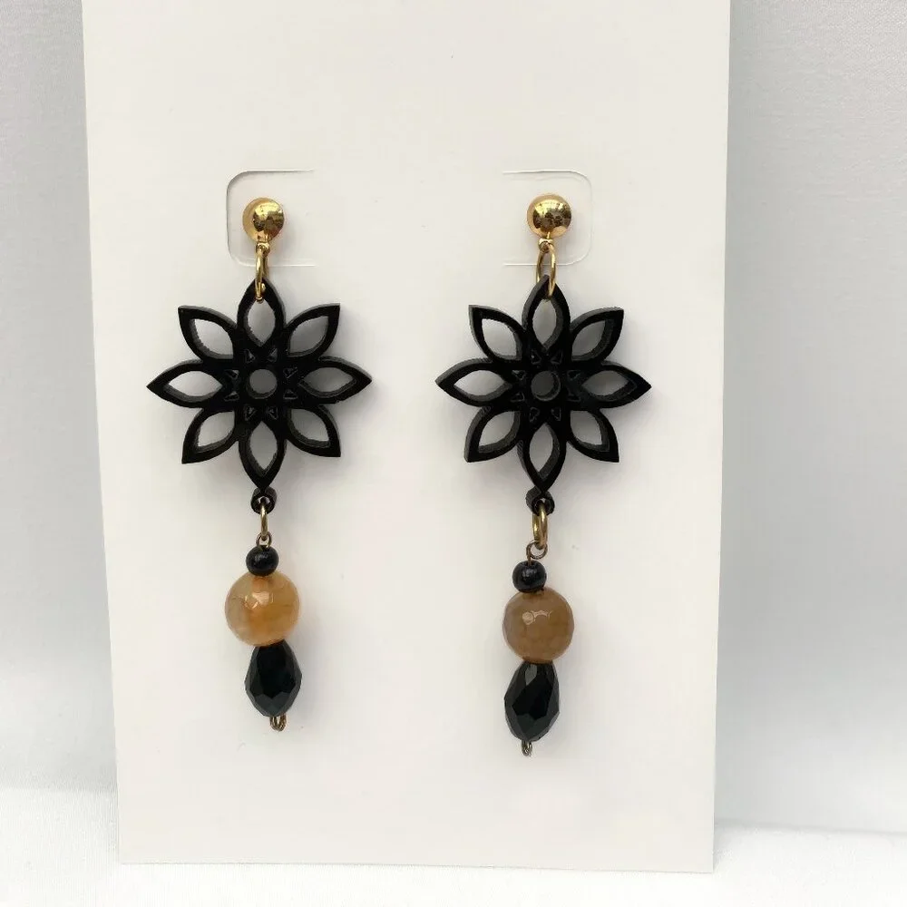 Black Acrylic Earrings with Agate and Murano Crystals